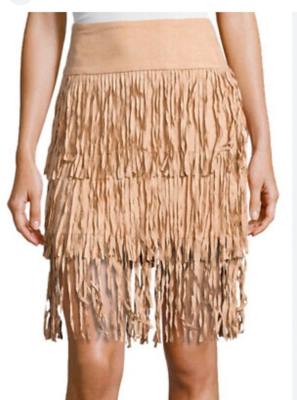 NEW Suede Cowgirl Skirt S Fringe Mini Tan Faux Western Midi Festival Boho $135